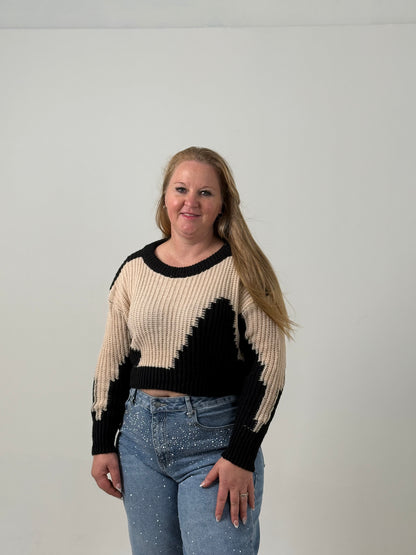 Sweater Crop Tejido Bicolor – Moderno y Súper Canchero