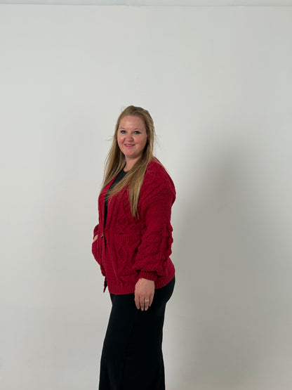 Cardigan Tejido Rojo con Bolsillos – Abrigo Elegante y Cómodo